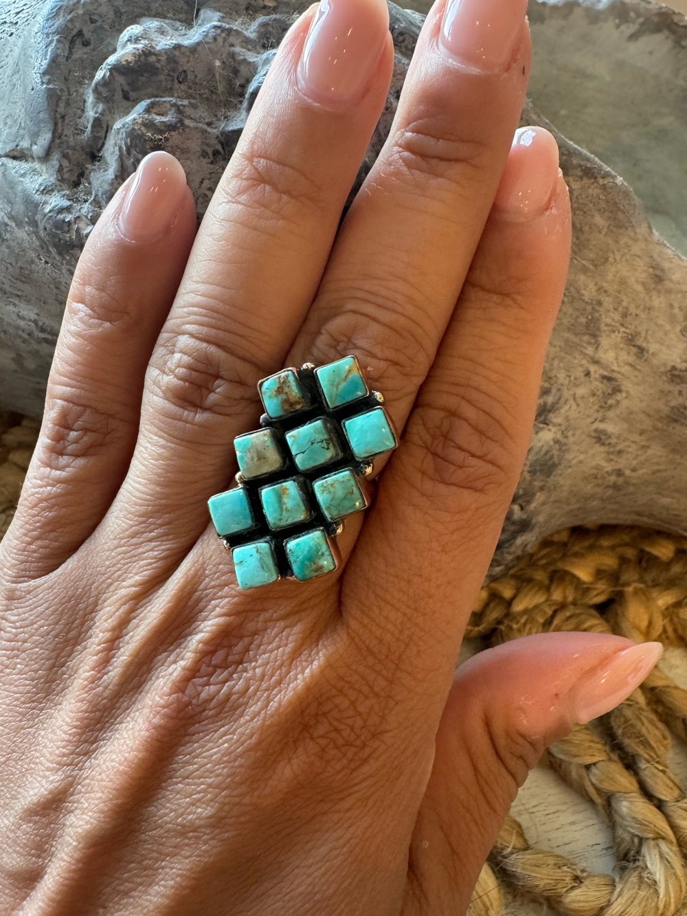 😍NEW 10 STONE GENUINE TURQUOISE STONE RING